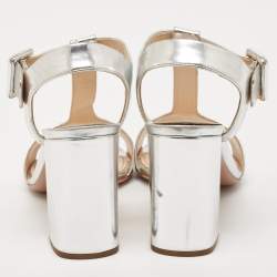 Prada Silver Leather Block Heel T-Strap Sandals Size 39