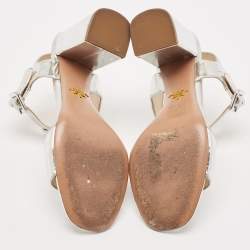 Prada Silver Leather Block Heel T-Strap Sandals Size 39