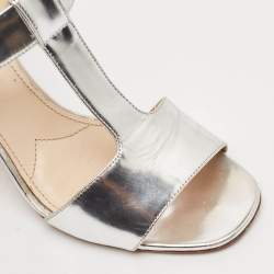Prada Silver Leather Block Heel T-Strap Sandals Size 39