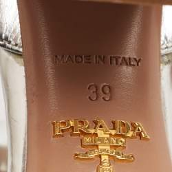 Prada Silver Leather Block Heel T-Strap Sandals Size 39