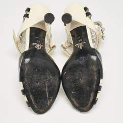 Prada Cream/Black Patent Leather Ankle Strap Sandals Size 38