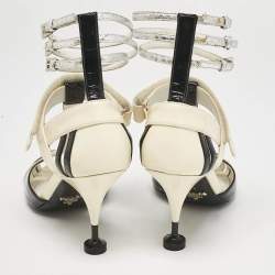 Prada Cream/Black Patent Leather Ankle Strap Sandals Size 38
