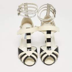 Prada Cream/Black Patent Leather Ankle Strap Sandals Size 38