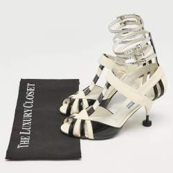 Prada Cream/Black Patent Leather Ankle Strap Sandals Size 38