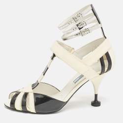 Prada Cream/Black Patent Leather Ankle Strap Sandals Size 38