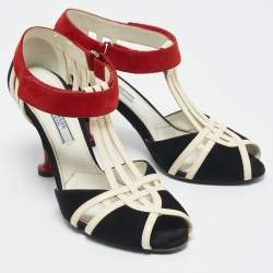 Prada Tricolor Leather and Suede Strappy Peep Toe Sandals Size 37.5
