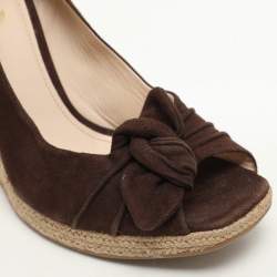 Prada Brown Suede Bow Wedge Espadrille Pumps Size 38