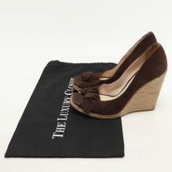 Prada Brown Suede Bow Wedge Espadrille Pumps Size 38