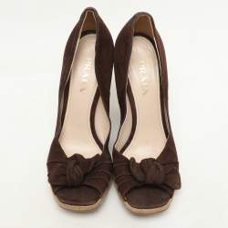 Prada Brown Suede Bow Wedge Espadrille Pumps Size 38