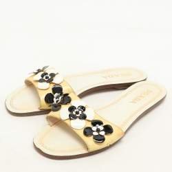 Prada Cream Patent Saffiano Leather Embellished Flats Size 36