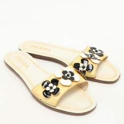 Prada Cream Patent Saffiano Leather Embellished Flats Size 36