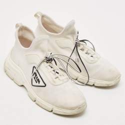 Prada White Knit Fabric Logo Low Top Sneakers Size 36.5