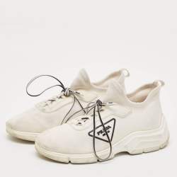 Prada White Knit Fabric Logo Low Top Sneakers Size 36.5