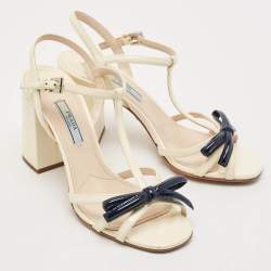 Pre Owned Prada White/Blue Patent Leather Bow T-strap Sandals Size 37