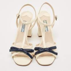 Pre Owned Prada White/Blue Patent Leather Bow T-strap Sandals Size 37