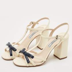 Pre Owned Prada White/Blue Patent Leather Bow T-strap Sandals Size 37