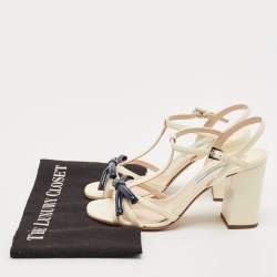 Pre Owned Prada White/Blue Patent Leather Bow T-strap Sandals Size 37