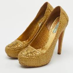 Prada Metallic Gold Woven Leather Madras Platform Pumps Size 38