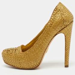 Prada Metallic Gold Woven Leather Madras Platform Pumps Size 38