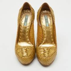Prada Metallic Gold Woven Leather Madras Platform Pumps Size 38