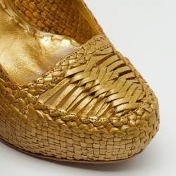 Prada Metallic Gold Woven Leather Madras Platform Pumps Size 38
