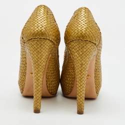 Prada Metallic Gold Woven Leather Madras Platform Pumps Size 38
