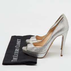 Prada Silver Glitter Fabric Peep Toe Platform Pumps Size 37.5