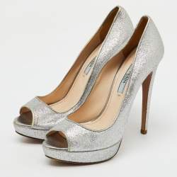 Prada Silver Glitter Fabric Peep Toe Platform Pumps Size 37.5