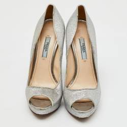 Prada Silver Glitter Fabric Peep Toe Platform Pumps Size 37.5