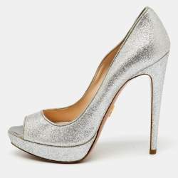 Prada Silver Glitter Fabric Peep Toe Platform Pumps Size 37.5