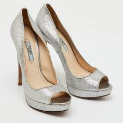 Prada Silver Glitter Fabric Peep Toe Platform Pumps Size 37.5