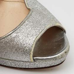 Prada Silver Glitter Fabric Peep Toe Platform Pumps Size 37.5