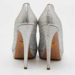 Prada Silver Glitter Fabric Peep Toe Platform Pumps Size 37.5