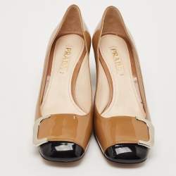 Prada Black/Beige Patent Leather Buckle Block Heel Pumps Size 38.5