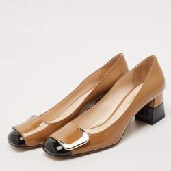 Prada Black/Beige Patent Leather Buckle Block Heel Pumps Size 38.5