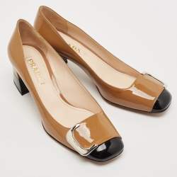 Prada Black/Beige Patent Leather Buckle Block Heel Pumps Size 38.5