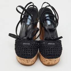 Pre Owned Prada Black Raffia and Leather Cork Block Heel Platform Ankle Strap Sandals Size 38