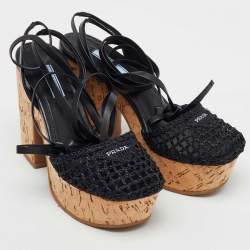 Pre Owned Prada Black Raffia and Leather Cork Block Heel Platform Ankle Strap Sandals Size 38