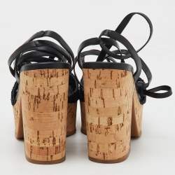 Pre Owned Prada Black Raffia and Leather Cork Block Heel Platform Ankle Strap Sandals Size 38