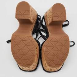 Pre Owned Prada Black Raffia and Leather Cork Block Heel Platform Ankle Strap Sandals Size 38