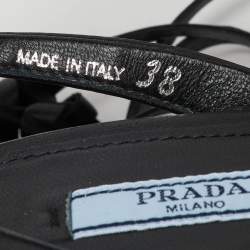 Pre Owned Prada Black Raffia and Leather Cork Block Heel Platform Ankle Strap Sandals Size 38