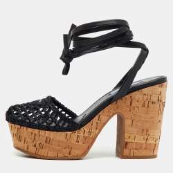 Pre Owned Prada Black Raffia and Leather Cork Block Heel Platform Ankle Strap Sandals Size 38