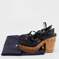 Pre Owned Prada Black Raffia and Leather Cork Block Heel Platform Ankle Strap Sandals Size 38