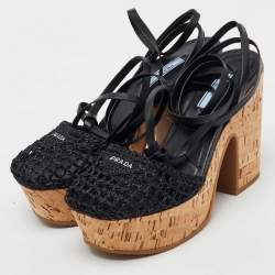 Pre Owned Prada Black Raffia and Leather Cork Block Heel Platform Ankle Strap Sandals Size 38