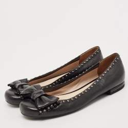 Prada Black Leather Logo Bow Ballet Flats Size 38