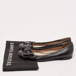 Prada Black Leather Logo Bow Ballet Flats Size 38