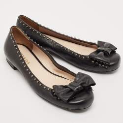 Prada Black Leather Logo Bow Ballet Flats Size 38
