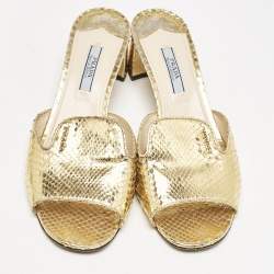 Prada Gold Python Embossed Leather Slide Sandals Size 37