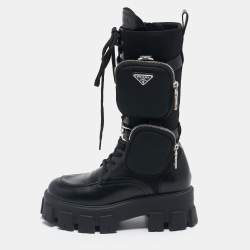 Prada Black Leather and Nylon Monolith Chunky Mid Calf Boots Size 37