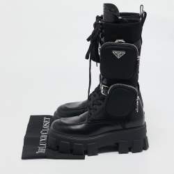 Prada Black Leather and Nylon Monolith Chunky Mid Calf Boots Size 37